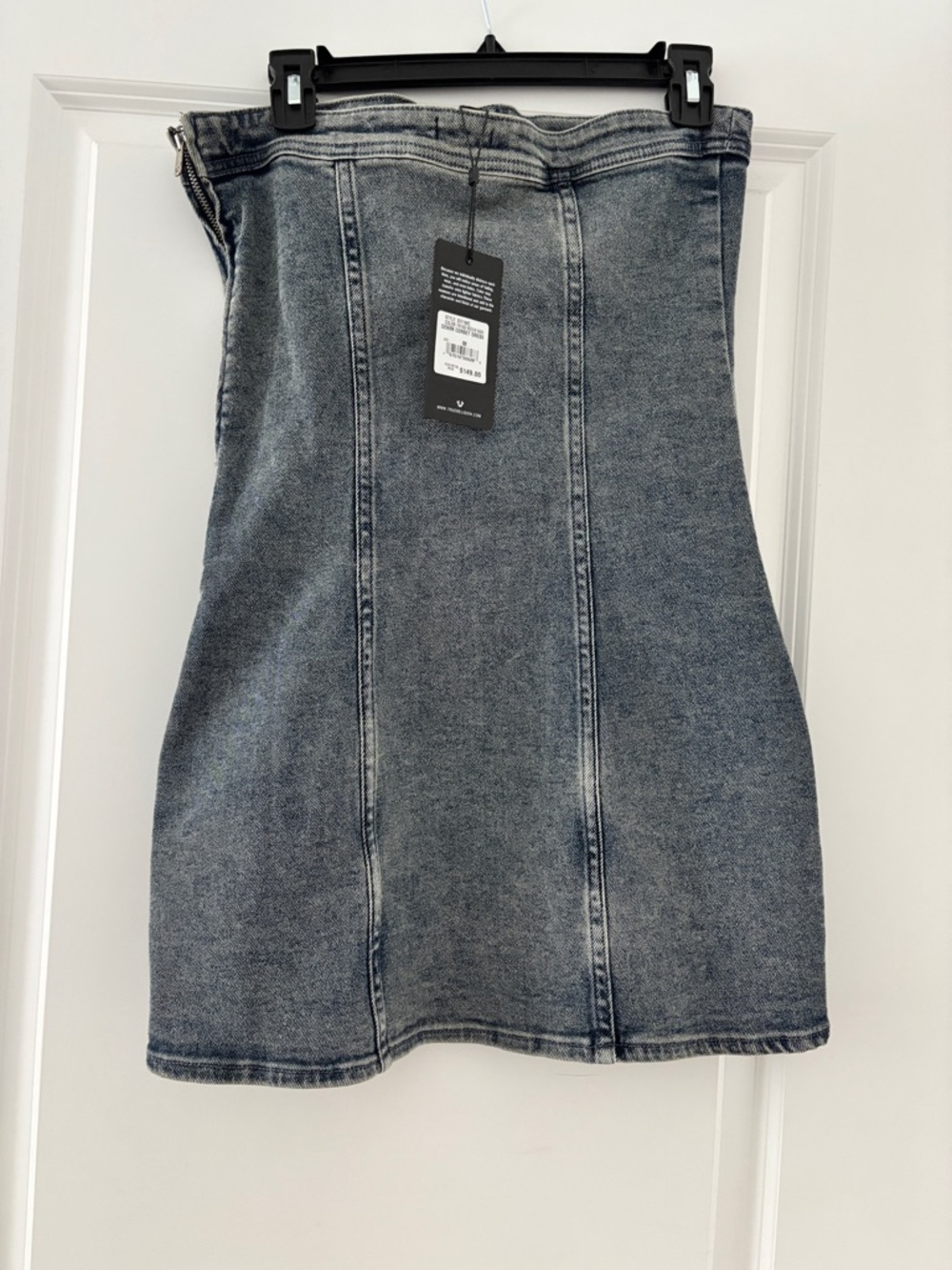 True Religion Strapless Button-Front Grey Denim Mini Dress - Picture 2 of 4